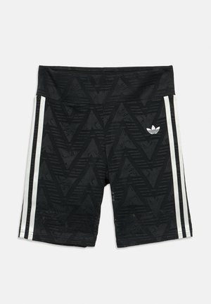 Czarne sportowe szorty z geometrycznym wzorem, z wysokim stanem, trzema białymi bocznymi paskami oraz małym logo z przodu.