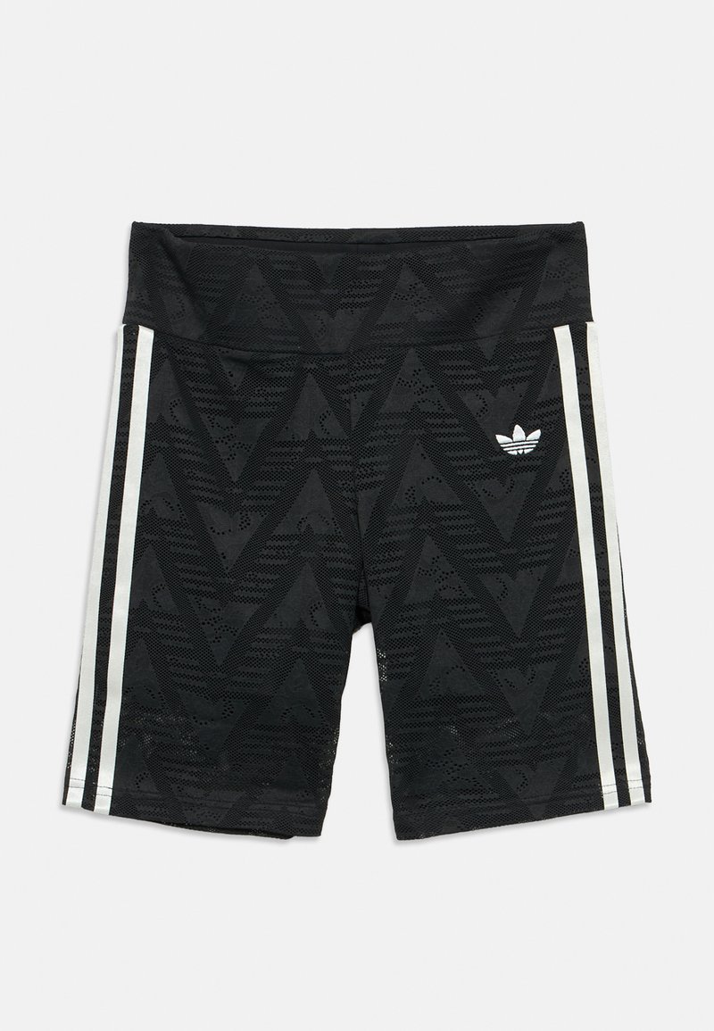 Μαύρο αθλητικό σορτς με γεωμετρικό μοτίβο, που διαθέτει ψηλή μέση, τρεις λευκές ρίγες στο πλάι και ένα μικρό λογότυπο στο μπροστινό μέρος.
