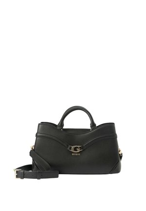 Borsa a mano in pelle nera con forma strutturata, dotata di manico superiore, tracolla rimovibile e un accento logo in tonalità oro sulla parte anteriore.