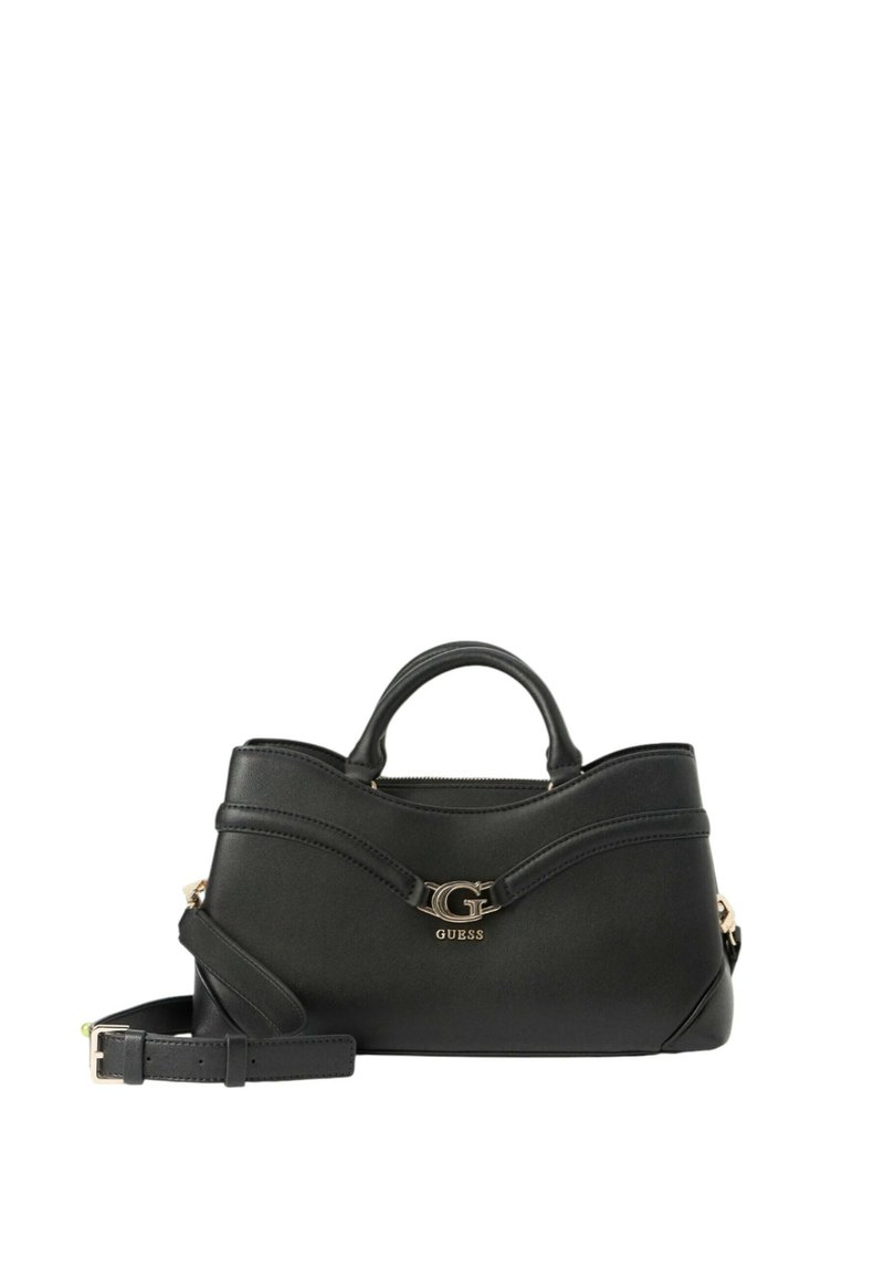 Borsa a mano in pelle nera con forma strutturata, dotata di manico superiore, tracolla rimovibile e un accento logo in tonalità oro sulla parte anteriore.