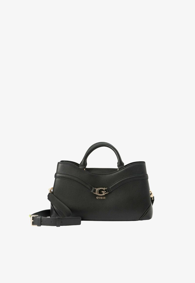 Schwarze Lederhandtasche mit strukturierter Form, ausgestattet mit einem oberen Griff, abnehmbarem Schultergurt und einem goldfarbenen Logoakzent auf der Vorderseite.