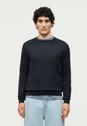 Jeune homme aux cheveux bouclés foncés portant un pull noir col ras-du-cou sur une chemise bleue et un jean bleu clair, debout devant un fond clair uni.