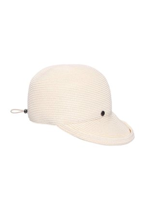 Light beige woven fabric cap with a short curved brim and adjustable elastic loop at the back.