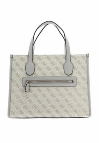 Borsa tote grigia in tessuto testurizzato con superficie decorata, manici piatti e una tasca frontale con zip. Bordo e manici in materiale grigio liscio.