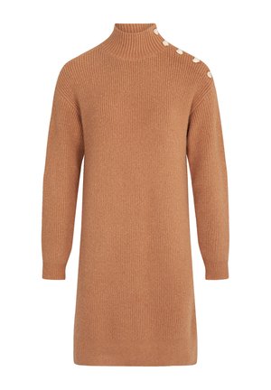 Abito in maglia marrone con colletto alto, maniche lunghe e cinque bottoni a decorare la spalla. Tessuto a coste texturizzato in tutto l'abito.