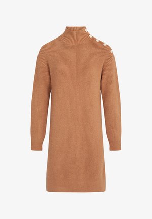 Brown knit sweater dress with a high collar, long sleeves, and five buttons accenting the shoulder. Textured ribbed fabric throughout.