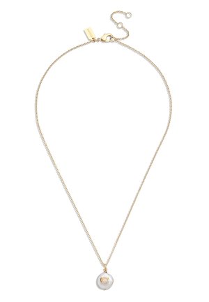 Gold chain necklace featuring a teardrop-shaped pearl pendant with a raised letter "C." The chain is delicate with a lobster clasp.
