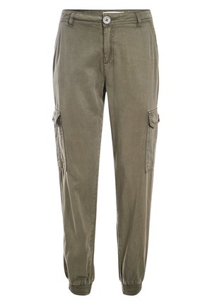 Pantaloni cargo verde oliva con vestibilità rilassata, dotati di tasche laterali, polsini elasticizzati e chiusura a bottone con passanti per cintura. Tessuto morbido e resistente.