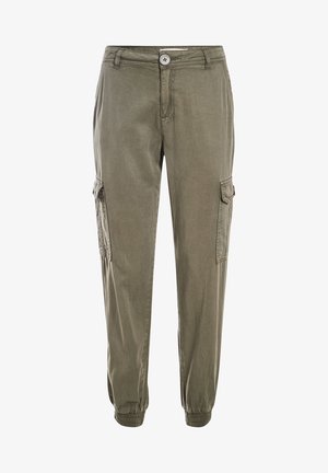 Pantalones cargo verde oliva con un corte relajado, que cuentan con bolsillos laterales, puños elásticos y un cierre de botón con trabillas para cinturón. Tejido suave y duradero.