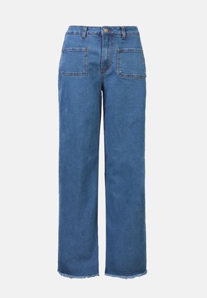 Høyt liv, vide ben jeans laget av blå denim, med knappelukking, to baklommer og rå kantdetaljer ved ermeåpningene.