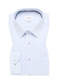 Hellblau karierter Hemd mit modernem Schnitt, klassischem Kragen und Knopfdetails an den Bündchen und der Knopfleiste. Weiche Stoffstruktur.
