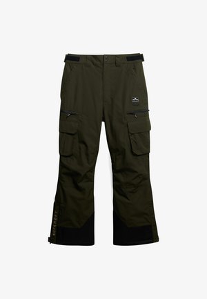 Pantaloni cargo verde oliva con vestibilità dritta, due tasche anteriori con zip, tasche laterali, orli inferiori rinforzati neri e etichetta "SUPER DAY".