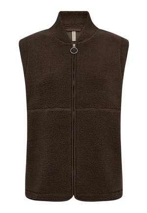 Barna polár mellény magas gallérral, teljes hosszában cipzárral, finom texturált mintával, élénk szegéllyel a széleken.