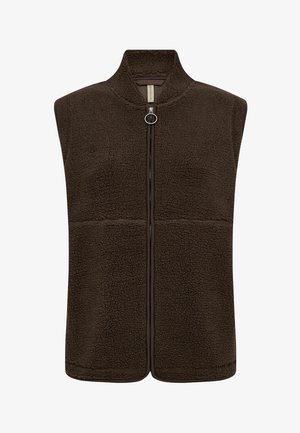 Barna polár mellény magas gallérral, teljes hosszában cipzárral, finom texturált mintával, élénk szegéllyel a széleken.