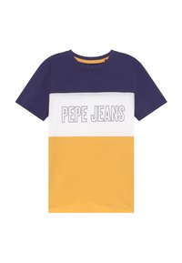 Tričko s krátkým rukávem s bloky v námořnické modré, bílé a hořčicově žluté barvě. Logo "PEPE JEANS" vytištěné na bílé části. Měkký bavlněný materiál.