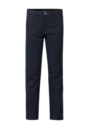 Chino in cotone blu navy con design a gamba dritta, dotato di chiusura frontale con bottone, tasche laterali e una texture pulita e liscia.