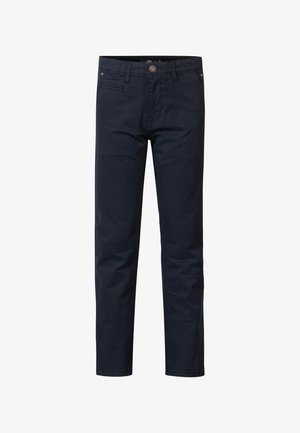 Chino in cotone blu navy con design a gamba dritta, dotato di chiusura frontale con bottone, tasche laterali e una texture pulita e liscia.