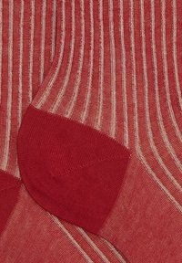 Calze rosse con strisce verticali, dotate di un tallone e una punta rossi solidi. Il materiale sembra morbido con una consistenza fine e una finitura liscia.
