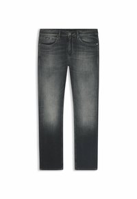 Jeans in denim grigio scuro con un design a gamba dritta, leggera scoloritura, cinque tasche e un'etichetta nera in vita. Classico bottone di chiusura.