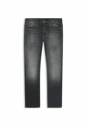 Dunkelgraue Denim-Jeans mit geradem Bein-Design, leichten Ausbleichungen, fünf Taschen und einem schwarzen Etikett am Bund. Klassischer Knopfverschluss.
