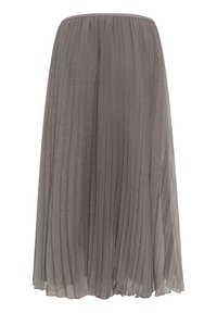 Grijze maxi rok met plooien, gemaakt van lichtgewicht stof, met een elastische tailleband en een vloeiende, gelaagde uitstraling.
