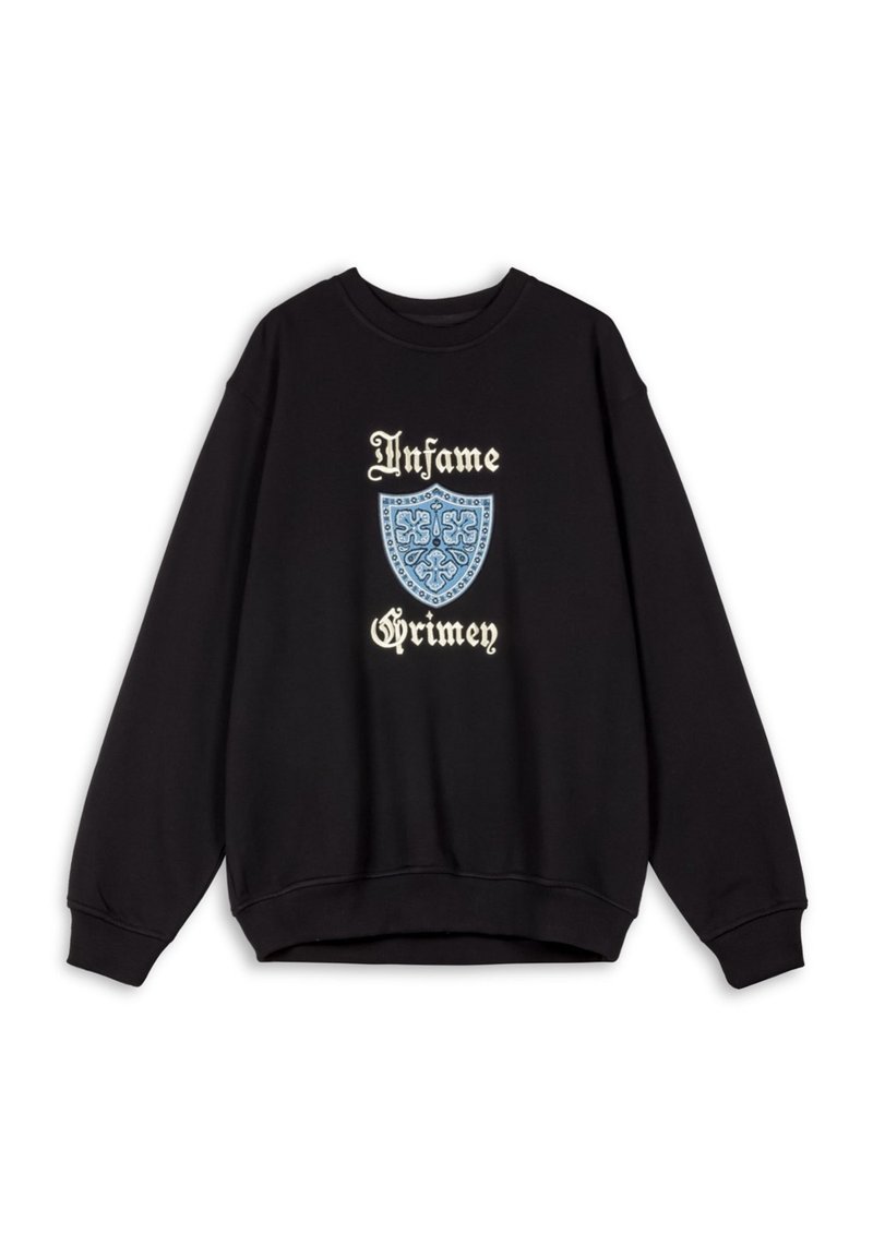 Zwarte sweatshirt met een geribbelde ronde hals, verlaagde schouders en een grafisch ontwerp met een blauwe schild en de tekst "Infame Grimey".