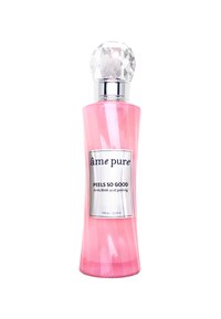 AHA/BHA Säurepeeling-Flasche, 120 ml. Gebogene, durchscheinende rosa Plastik mit einem strukturierten Muster. Silberner Deckel, der mit einem facettierten Kristall gekrönt ist.
