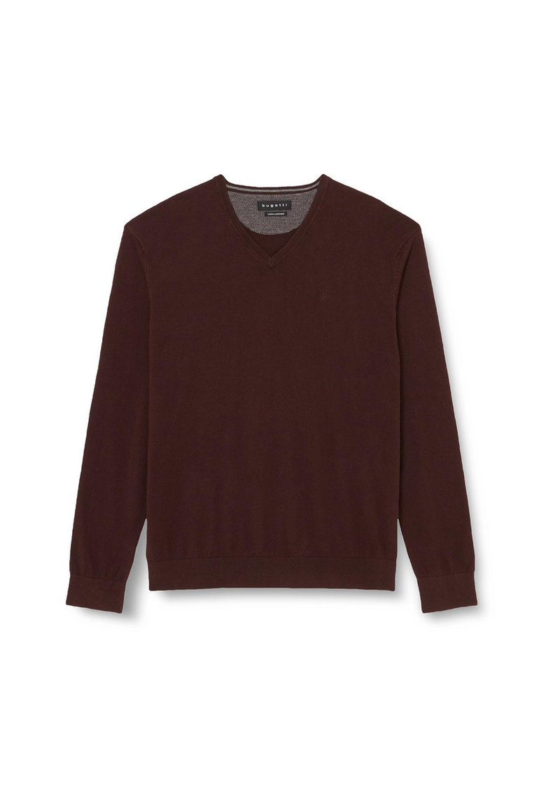 Dunkelbrauner V-Ausschnitt-Pullover aus Baumwolle, mit langen Ärmeln und gerippten Bündchen und Saum. Subtiler Logo-Print auf der Brust.