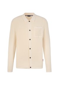 Cardigan lavorato a maglia color crema con colletto, bottoni frontali, tasca sul petto sinistro e tessuto testurizzato. Presenta bottoni scuri per creare contrasto.