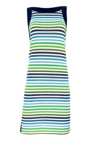 Abito senza maniche a righe con scollatura a barchetta, caratterizzato da righe orizzontali blu, verde e blu scuro. Realizzato in un tessuto morbido e leggero.