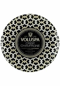 Voluspa Crisp Champagne-ljus, handgjord koksvax, rund svart behållare med silver- och guld geometriskt mönster, 12 oz/340 g.