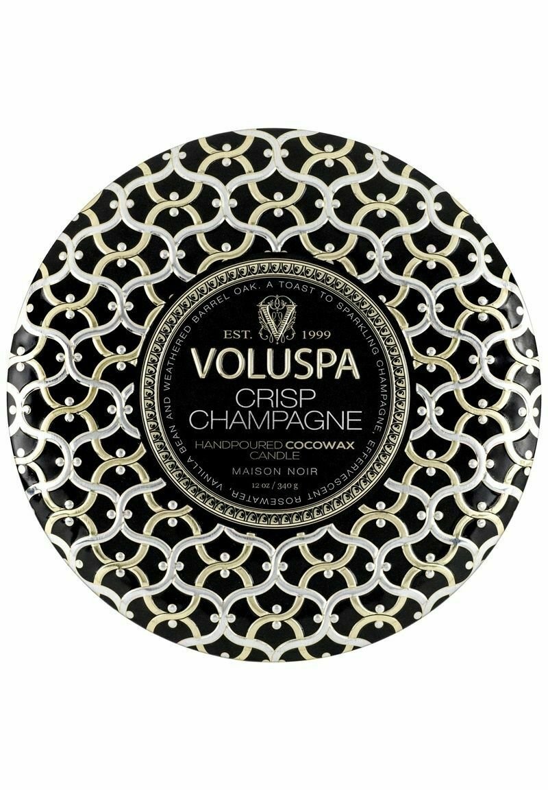 Voluspa Crisp Champagne-ljus, handgjord koksvax, rund svart behållare med silver- och guld geometriskt mönster, 12 oz/340 g.