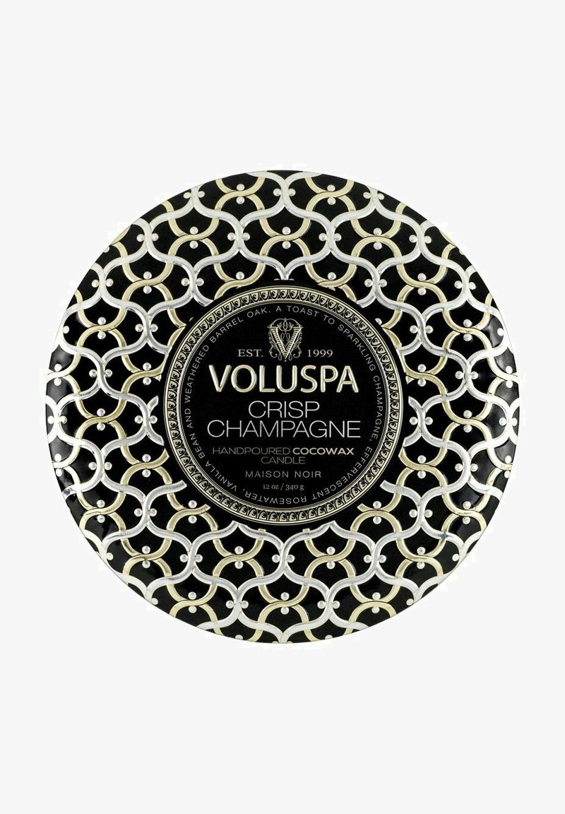 Voluspa Crisp Champagne-ljus, handgjord koksvax, rund svart behållare med silver- och guld geometriskt mönster, 12 oz/340 g.