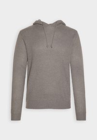 Grau, gerippter Strickhoodie mit Kordelzug, langen Ärmeln und lockerer Passform. Strukturiertem Stoff mit weicher Optik.