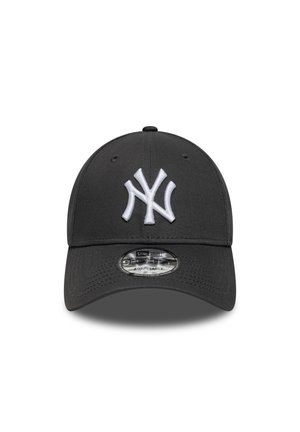 Black baseball cap with a curved visor, featuring a white embroidered "NY" logo. Adjustable strap at the back for a customized fit.