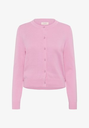 Różowy kardigan z okrągłym dekoltem, długimi rękawami i zapięciem na guziki z przodu. Żebrowane wykończenia u dołu i przy mankietach, wykonany z miękkiego, lekkiego materiału.