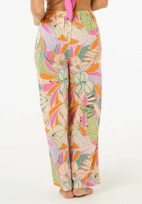 Bloemmotief broeken van lichtgewicht stof met levendige kleuren, waaronder roze, oranje, groen en blauw, en een elastische tailleband.