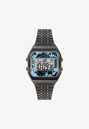 Digitálne hodinky s čiernym nerezovým pletivovým remienkom a oktagonálnym ciferníkom. Farebný abstraktný modrý vzor na displeji s digitálnym zobrazením.