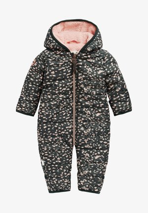 Donkergroen puffy eenhoofdskostuum met een roze, fluffy voering en verspreide lichtroze bloemmotieven. Voorzien van een centrale rits en elastische manchetten.