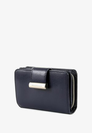 Portefeuille en cuir bleu marine à texture lisse, doté d'une fermeture à pression magnétique et d'une quincaillerie argentée gravée "Mandarina Duck".