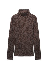 Maglione a maniche lunghe con collo alto in tessuto marrone con stampa leopardata nera. Texture morbida con una vestibilità comoda e design del colletto alto.