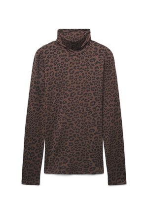 Maglione a maniche lunghe con collo alto in tessuto marrone con stampa leopardata nera. Texture morbida con una vestibilità comoda e design del colletto alto.