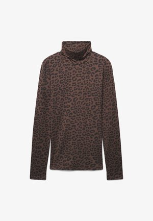 Maglione a maniche lunghe con collo alto in tessuto marrone con stampa leopardata nera. Texture morbida con una vestibilità comoda e design del colletto alto.