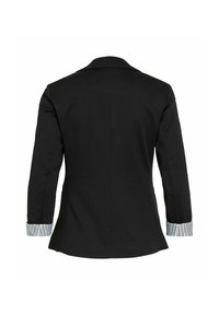 Schwarze taillierte Blazerjacke mit langen Ärmeln und umgeschlagenen weißen Manschetten mit feinen schwarzen vertikalen Streifen, von hinten auf weißem Hintergrund gezeigt.