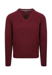 Bordeauxfarbener V-Ausschnitt-Pullover aus strukturiertem Strickmaterial. Mit langen Ärmeln und gerippten Bündchen und Saum. Schlichtes, vielseitiges Design.