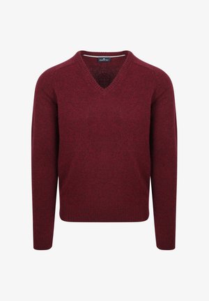 Bordeauxfarbener V-Ausschnitt-Pullover aus strukturiertem Strickmaterial. Mit langen Ärmeln und gerippten Bündchen und Saum. Schlichtes, vielseitiges Design.