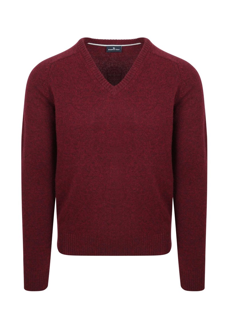 Bordeauxfarbener V-Ausschnitt-Pullover aus strukturiertem Strickmaterial. Mit langen Ärmeln und gerippten Bündchen und Saum. Schlichtes, vielseitiges Design.