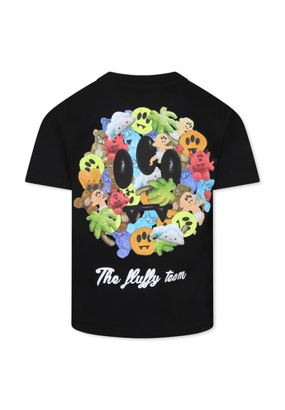 T-shirt in cotone nero con una stampa grafica colorata di vari personaggi e forme, con il testo "Il team peloso" in bianco.