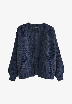 Tmavomodrý pletený kardigán s voľným, otvoreným predným dizajnom. Má textúrovanú látku a široké rukávy, s rebrovanými detailmi na krku a spodnom okraji.