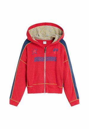 Felpa con cappuccio rossa con zip, strisce laterali blu, piping giallo, dettagli con stella e logo e fodera del cappuccio gialla fantasia.